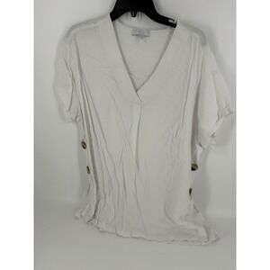New‎ Directions Curvy 1X White Linen Blend V-Neck Button Detail Tunic Top